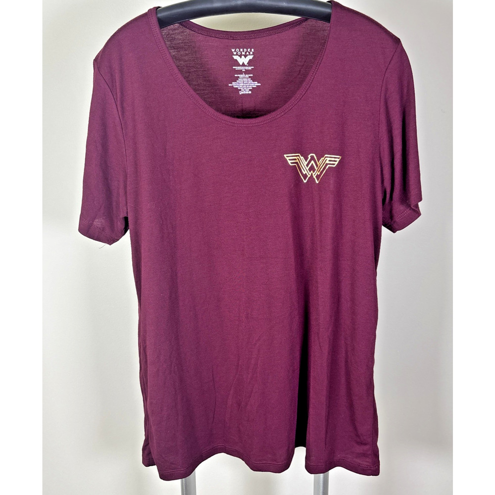 DC Comics Wonder Woman Burgundy & Gold Foil Print Tee Shirt Top Size XL